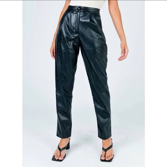 Princess Polly Pants - Princess Polly Love Club Black Faux Vegan Leather Straight Pants Pleated Waist